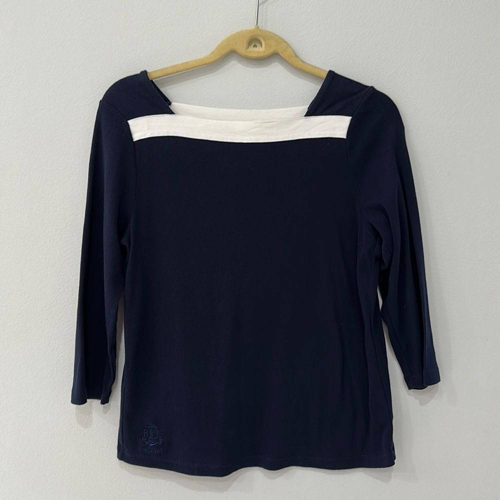 Lauren Ralph Lauren Cotton Petite Navy Blue/White Trim Top Sz PL